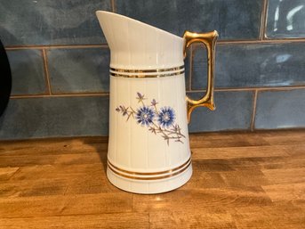 Cmielow White Porcelain Milk Carafe Blue Flowers Gold Trim Poland Vintage 10 Inch