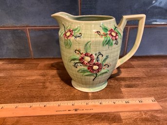 Antique Floral & Green Colored, One Quart, Table Server Milk Pitcher