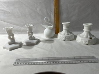 Vintage Milk Glass Lot Pairpoint Glass Swan Paperweight And 2 Pairs Westmoreland Candle Holders