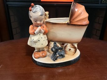 Vintage Praying Girl With Baby Buggy & Dog~Porcelain Planter Japan