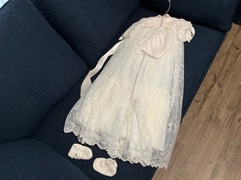 Vintage Ivory Christening, Dress Gown With Bonnet, And Booties 6 To 9 Months