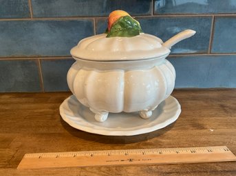 Vintage 4 Pc. MCM Pottery Soup Tureen With Pear Handle