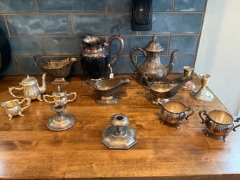 Large Lot Of Assorted, Silver Plated Items, Candle Sticks, Tea, Pot, Gravy, Boats, Water, Pitcher, An