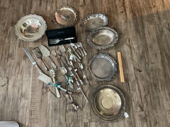 Lot Of Vintage Silver Plate Serving Trays And Serving Utensils  Plus Some Silverware