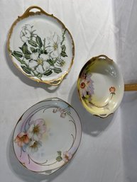 Lot Of Three Floral With Gold Accent Trays And Bowl