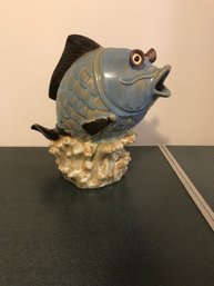 Large 12 Inch Funky Fish Art Pottery Sculpture, Blue, Tropical Wild D