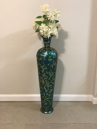 Beautiful Pier 1 Imports Large Mosaic Blue And Green Floor Vase With White Faux Flowers