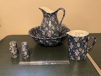 ROYAL CROWNFORD, STAFFORDSHIRE Ironstone Wash Pitcher With Basin Bowl Salt And Pepper Shakers Calico Pitcher