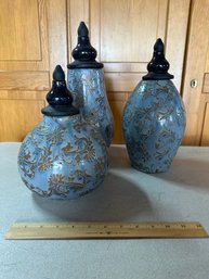 Beatrice Set Three Jars With Lids Blue And Gold Home Decor