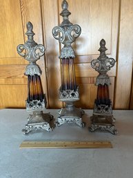 Set Of 3 Amber Glass And Wood Ornate Home Decor