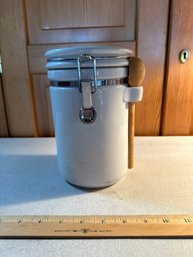 Vintage Airtight White Ceramic Canister With Wooden Spoon