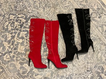 2 Pairs Of Boots - Red And Black - Nancy Lee Knee High Heel Boots With Rhinestone Detail Size 9