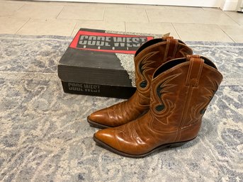 Vintage Code West Whisky Tan Brown Short Ladies Cowboy Western Inlay Green Design Boots Size 8