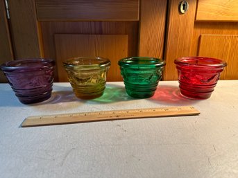 Vintage Lot Of 4 La Mediterranea Red Green Yellow Purple Heavy Spanish Recycled Glass Candle Holders