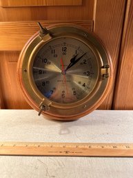 Vintage Ship's Time Oak Wood Brass Wall Clock Porthole Quartz Nautical Maritime Home Decor