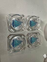 Vintage Set Of 4 Glass Ashtray Sailboat Sailing