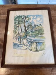Vintage Wall Art Print Lithograph Paris Notre Dame L'abside Guillery Framed 16x20 Inch Signed