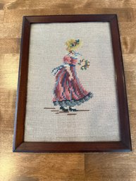 9.5x13 Vintage Framed Needlepoint Hand Made Needlepoint Woman With Bonnet