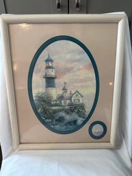 Vintage Home Interiors Picture Lighthouse Ocean Sea Ship Cream White Frame 15'x18'