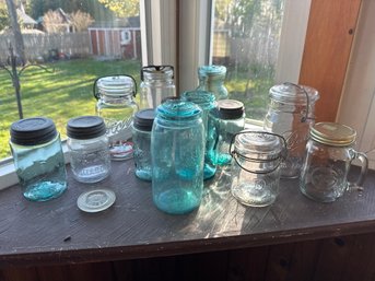 Vintage And Antique Mason Jars, Clear And Blue Glass Various Sizes See All Photos