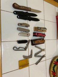 Lot Of Assorted Pocket Knifes Clam Knife Two Plastic Letter Openers And Small Knife Sharpener