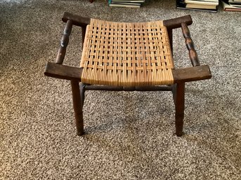 1960s Vintage Mid-Century Modern Wood & Rattan Stool With Saddle Seat And Two Handles