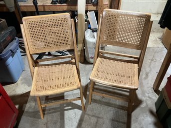 Lot Of 2 Vintage Folding Timber & Rattan Chairs