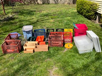 Large Lot Of Storage Solutions, Totes Milk Crates, And More See Photos