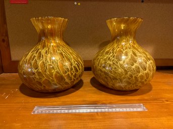 Set Of 2 Large Murano Maestri Vetrai Azzurra Gold Copper Swirls Hand Blown Spotted Tortoise Art Glass Vases