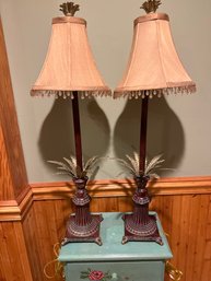 Pair 33 Inch Candlestick Table Lamps Bronze Finish With Goldleaf Detail