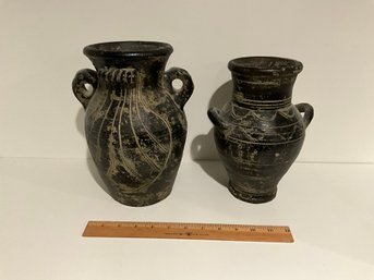 2 Black Vintage Clay Amphora Pots