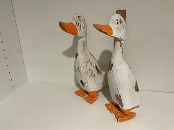 Set Of. 2 Folk Art Wooden Standing Duck HandCarved Painted Weathered Duck