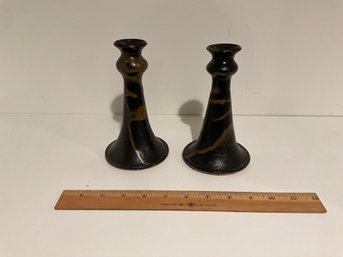 Pair Of Vintage Handmade Hand Painted Taper Candlesticks