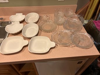 Lot Of Oven And Microwave Baking Dishes And Lot Of Glass Plates And Serving Bowls