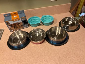 Four  Non Skid Dog Bowls Two Portable Water Bowls Collapsible And A Large Dog Harness All In Nice Condition