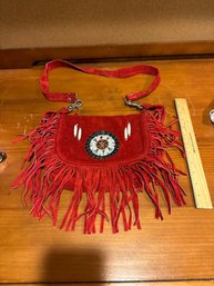 Red Fringe Leather Bag Native American Seed Bead Turtle Bone Pipes New