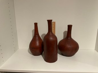 Set Of 3 Burnt Red Clay Bottle Vase Lot