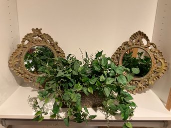 2 X Pretty Ornate Mirrors And Metal Rectangle Planter With Artificial Greenery