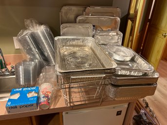 Large Lot Of Assorted Plastic Food Containers, Aluminum Serving Trays And 3 Metal Sterno Racks In Great Condit