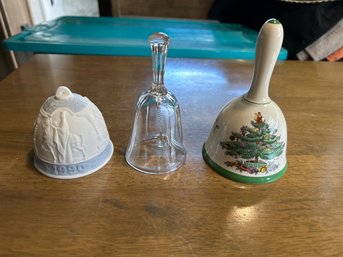 Lot Of 3 Bells 3 Inch 1990  Lladro  5 Inch Clear Glass And 5 3/8 Spode  Christmas Tree No S3324-e  Beautiful