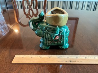 Vintage Ceramic Happy Baby Elephant Planter-Jade Green-Trunk Up