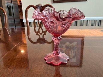 Lovely 6' Pink Ruffled Cabbage Rose Fenton Compote Footed Candy Dish