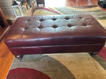 Vintage Red Leather Tufted Ottoman Bench W/ Nailheads Worn In Some Places See Photos