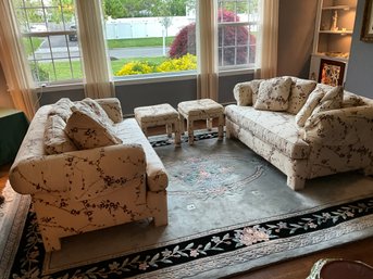 2 HENREDON Cherry Blossom 64 Inch Loveseats With 10 Throw Pillows And 2 Bench Ottomans