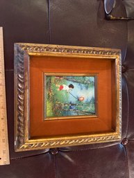 Vintage Framed And Velvet Matting Enamel On Copper Art Painting Boy Kid Balloon Signed Saso