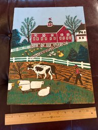 Vintage Jean Whitelaw 11x15 Inch Barn Farm Scene Hand Painted On Wooden Board