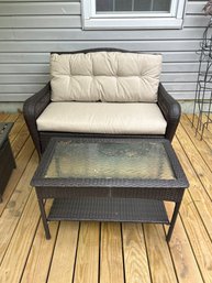 Plastic Wicker Outdoor Set Table With Umbrella Glass Top Table And Love Seat In Great Condition