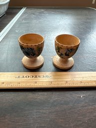 Vintage Hand Turned Hand Painted Pair Of Wooden Egg Cups