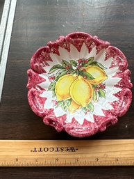 Vintage Small Italian Pottery Ceramic Hand Painted Yellow Lemons Pink Scalloped Edges Shaped Bowl