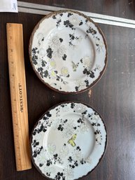 Set Of 2 Antique Porcelain Plates Hand Painted Butterfly Flowers Asian Porcelain 19th